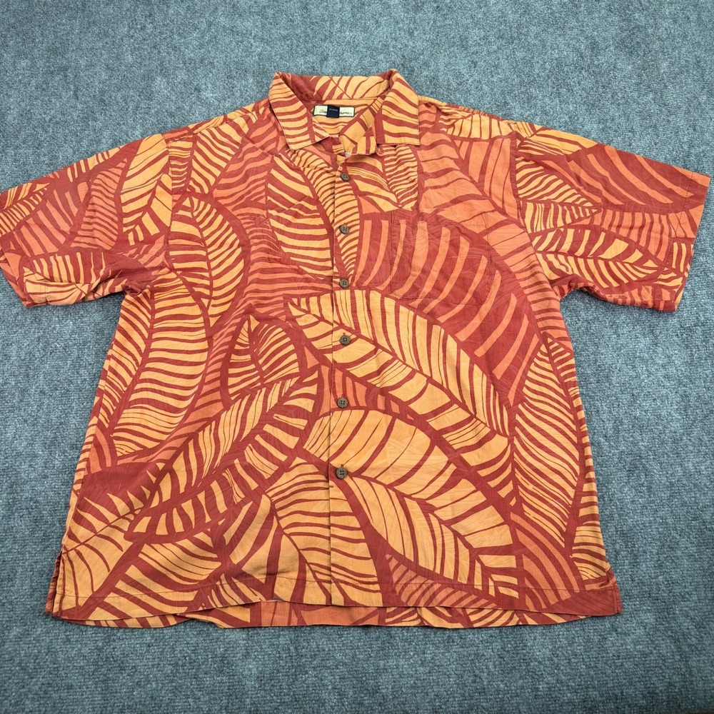 Tommy Bahama Shirt Men's XL Orange Relax 100% Silk Hawaiian Camp Botanical Leaf